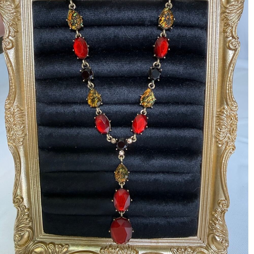 Carolina Herrera Faux Ruby Rhinestone Crystal Brass Lariat Y-Drop Necklace